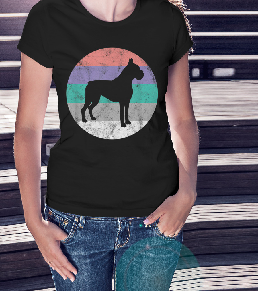 Boxer Dog Silhouette With Striped Circle Retro T-Shirt