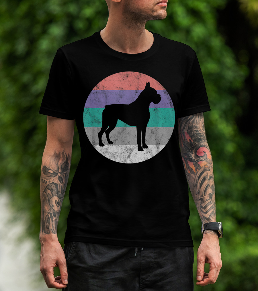 Boxer Dog Silhouette With Striped Circle Retro T-Shirt