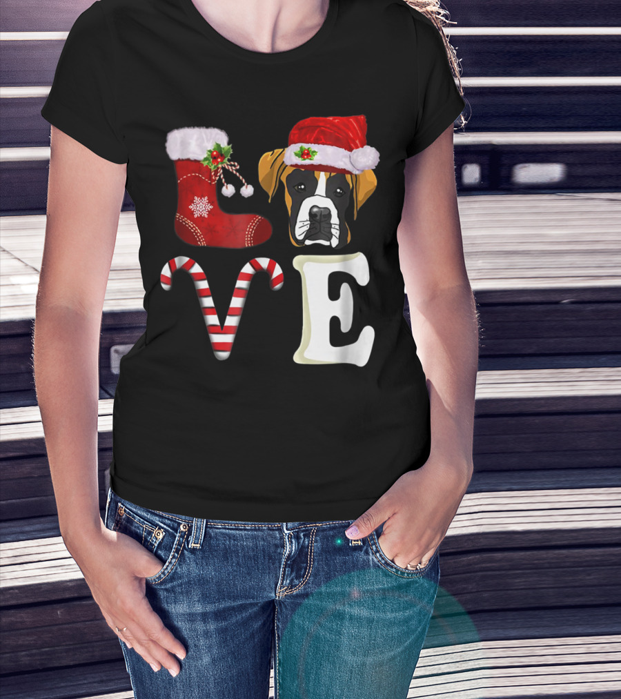 Boxer Dog Love Christmas Light With Santa Hat And Candy Cane T-Shirt