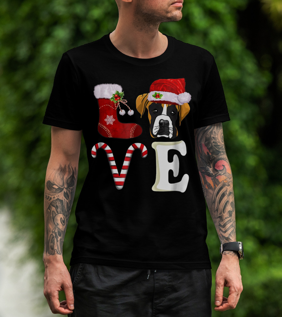 Boxer Dog Love Christmas Light With Santa Hat And Candy Cane T-Shirt