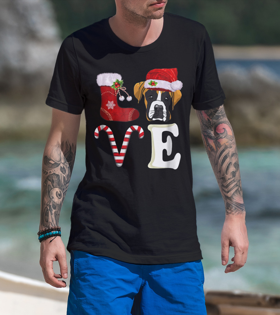 Boxer Dog Love Christmas Light With Santa Hat And Candy Cane T-Shirt