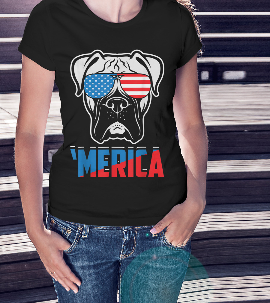 Boxer Dog In American Flag Sunglasses 'Merica Patriot T-Shirt