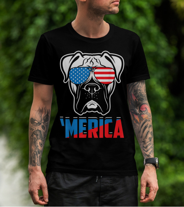 Boxer Dog In American Flag Sunglasses 'Merica Patriot T-Shirt