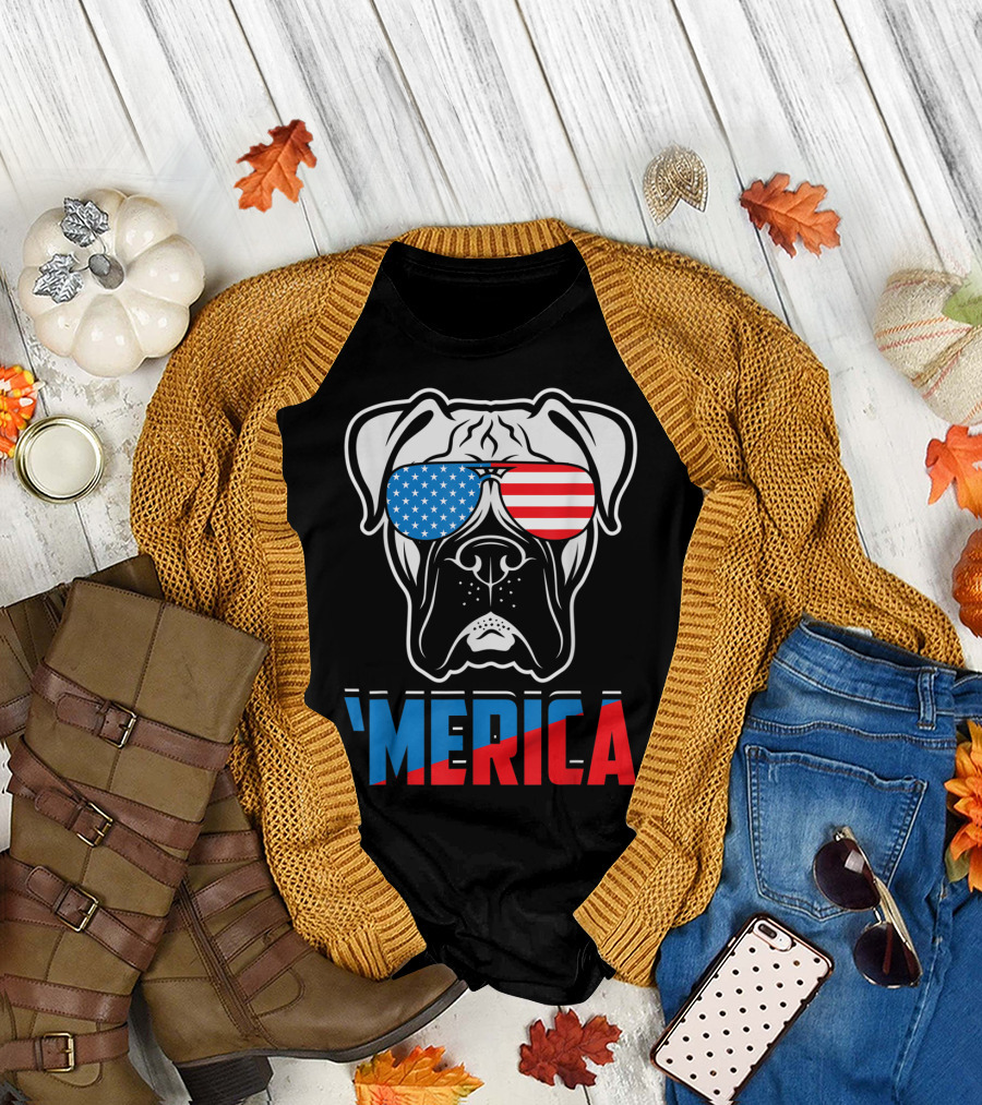 Boxer Dog in American Flag Sunglasses 'Merica Patriot T-Shirt