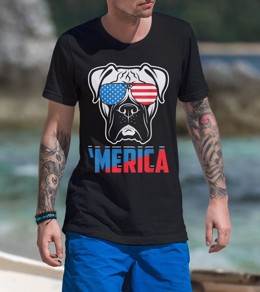 Boxer Dog In American Flag Sunglasses 'Merica Patriot T-Shirt