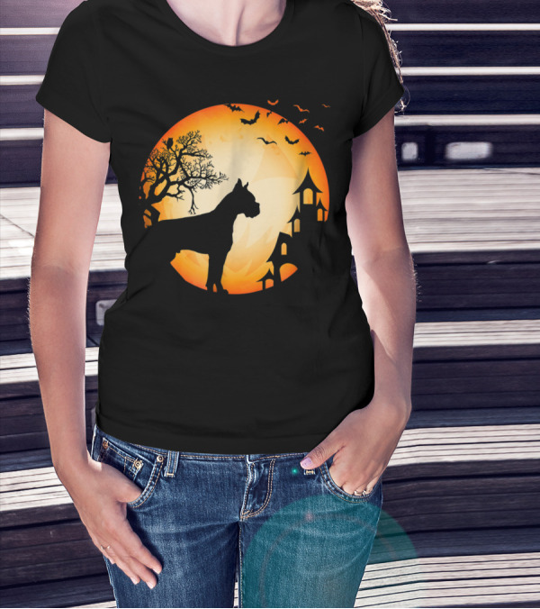 Scary Boxer Dog Halloween Moon With Bats And Haunted House Scene T-Shirt