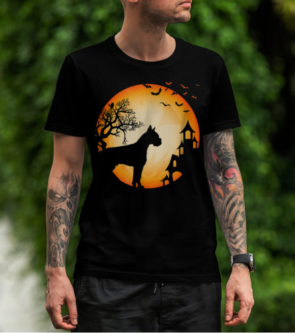 Scary Boxer Dog Halloween Moon With Bats And Haunted House Scene T-Shirt