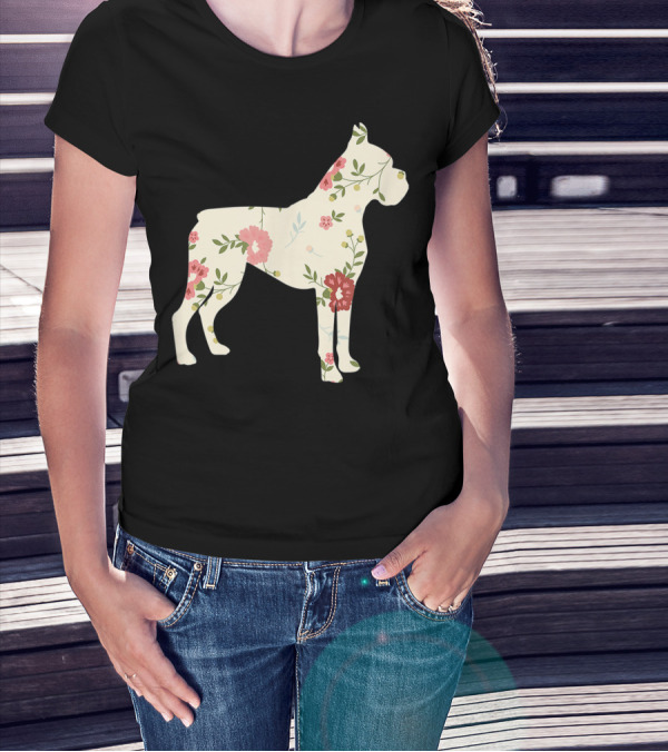 Cute Boxer Vintage Floral Dog Flower T-Shirt