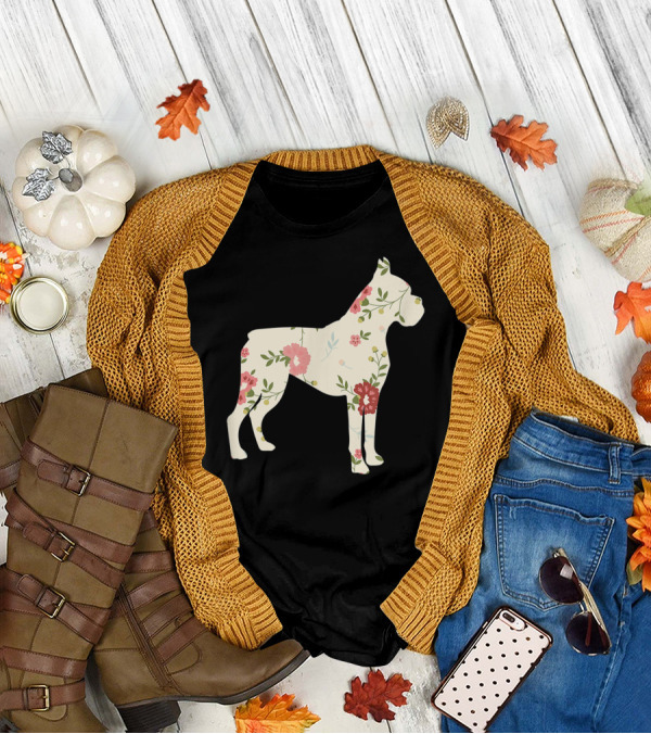 Cute Boxer Vintage Floral Dog Flower T-Shirt