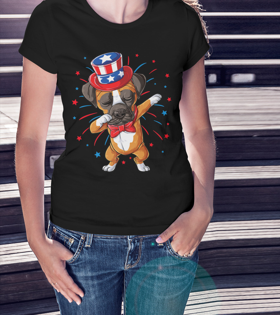 Dabbing Boxer Dog Uncle Sam Hat 4th Of July USA American Flag T-Shirt