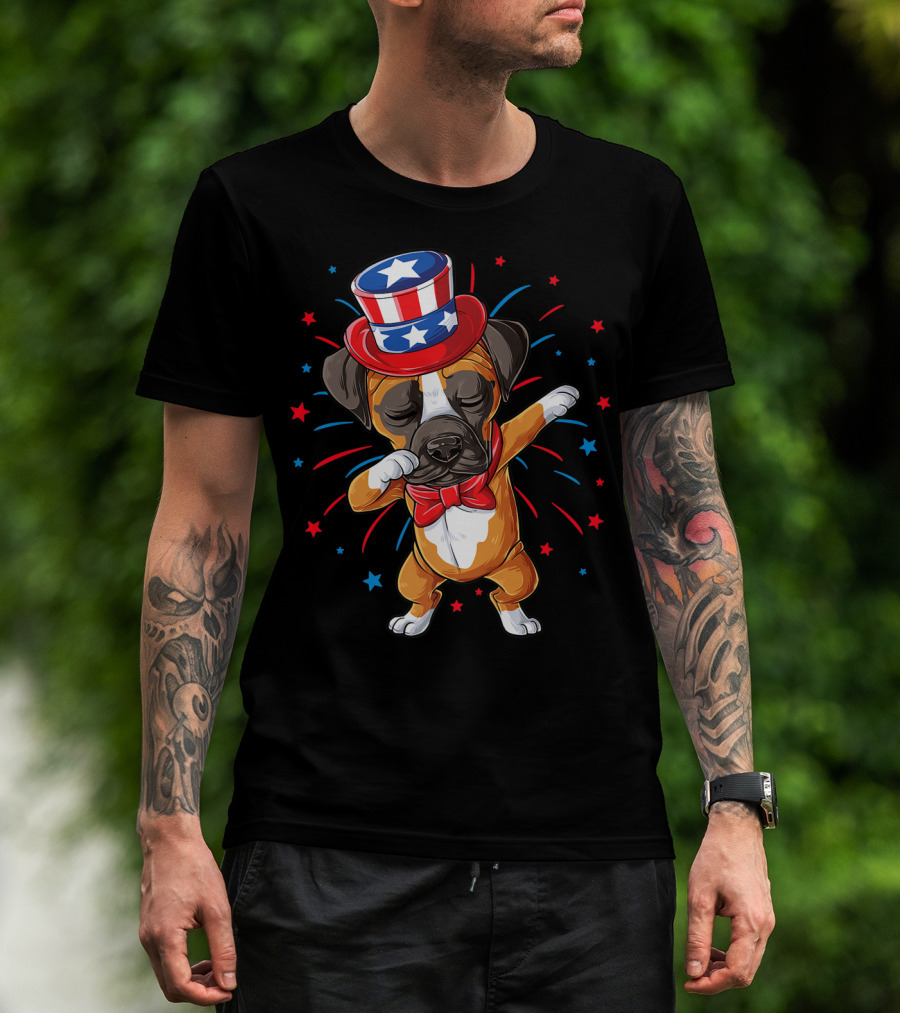 Dabbing Boxer Dog Uncle Sam Hat 4th Of July USA American Flag T-Shirt