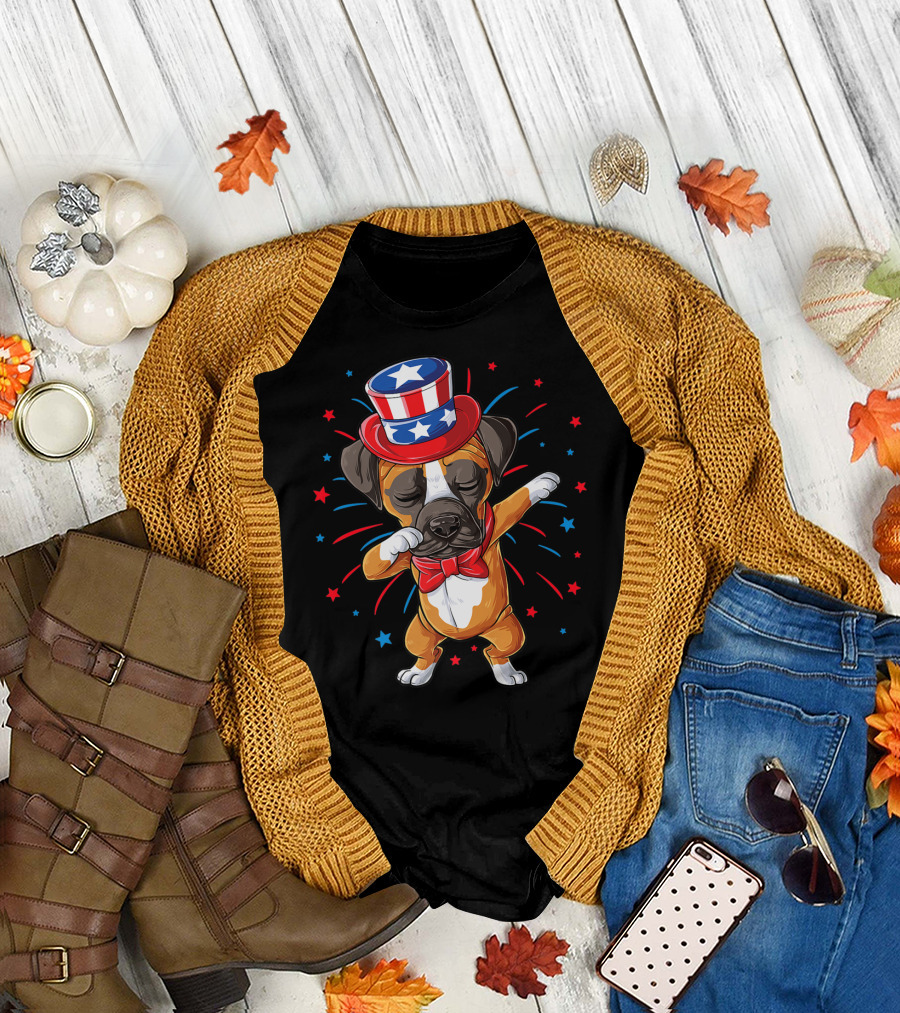 Dabbing Boxer Dog Uncle Sam Hat 4th Of July USA American Flag T-Shirt