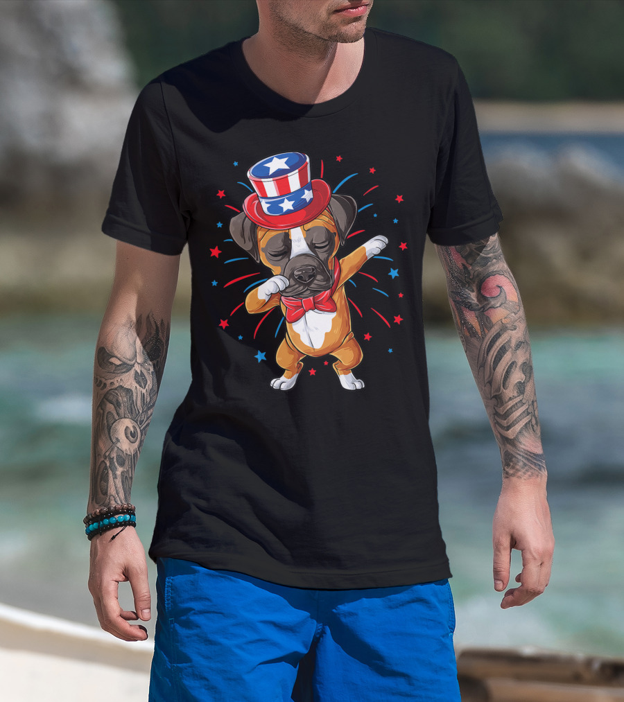Dabbing Boxer Dog Uncle Sam Hat 4th Of July USA American Flag T-Shirt