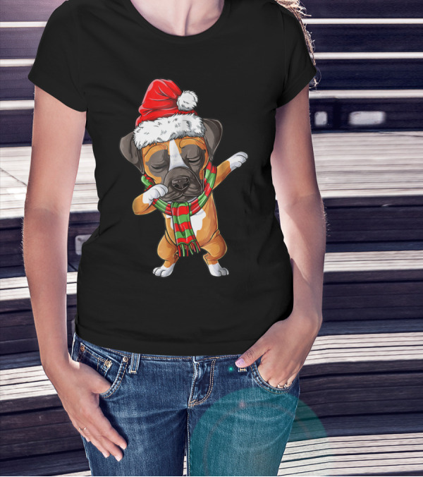 Dabbing Boxer Dog In Santa Hat With Christmas Scarf T-Shirt