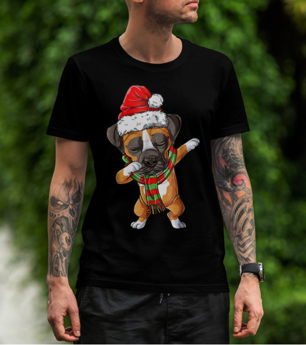 Dabbing Boxer Dog In Santa Hat With Christmas Scarf T-Shirt