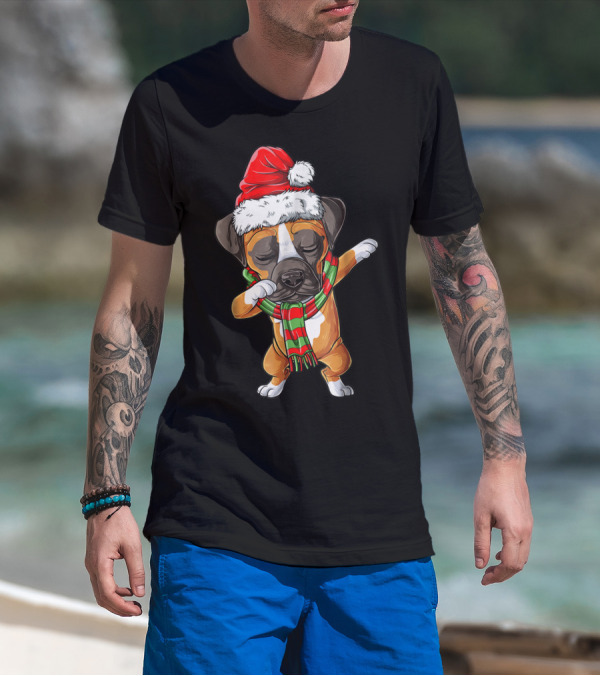 Dabbing Boxer Dog In Santa Hat With Christmas Scarf T-Shirt