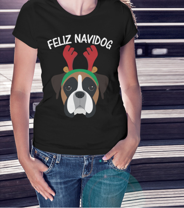 Feliz Navidog Navidad Boxer Dog Reindeer Antlers T-Shirt