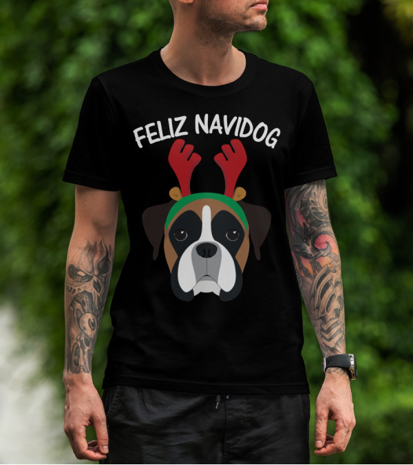 Feliz Navidog Navidad Boxer Dog Reindeer Antlers T-Shirt