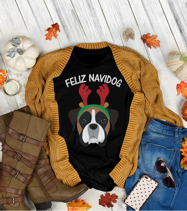 Feliz Navidog Navidad Boxer Dog Reindeer Antlers T-Shirt