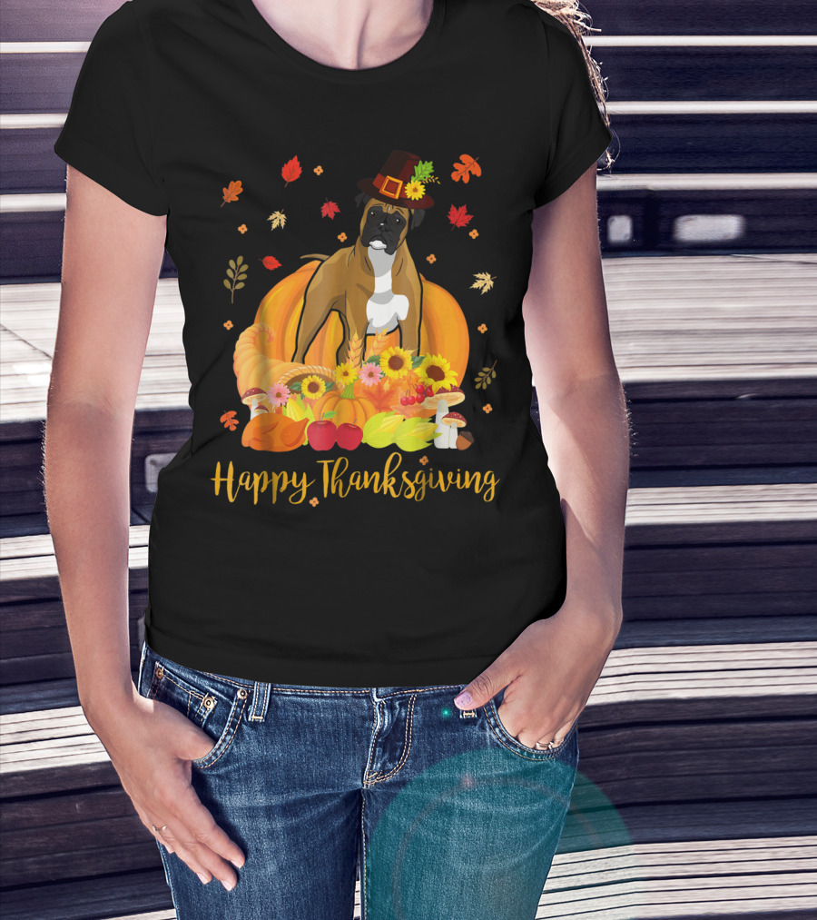 Thanksgiving Boxer Dog With Pilgrim Hat And Harvest Feast T-Shirt
