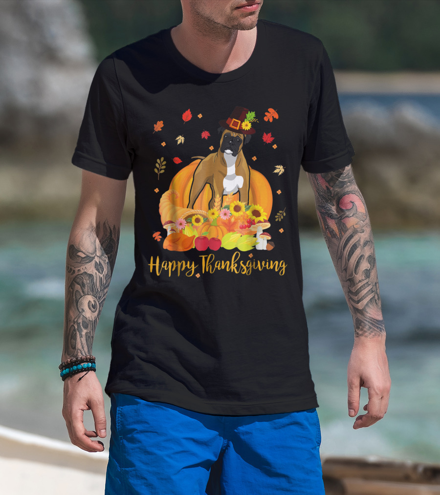 Thanksgiving Boxer Dog With Pilgrim Hat And Harvest Feast T-Shirt