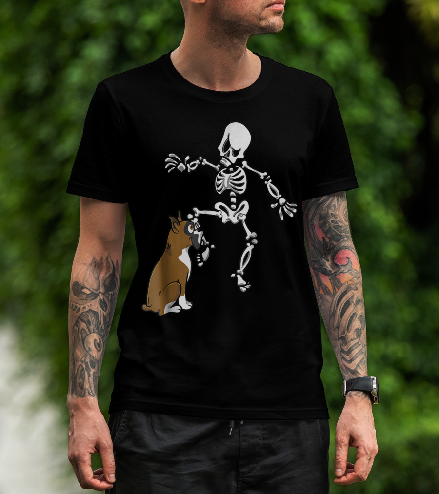Boxer Dog Biting Skeleton Leg Halloween Dog Skeleton T-Shirt