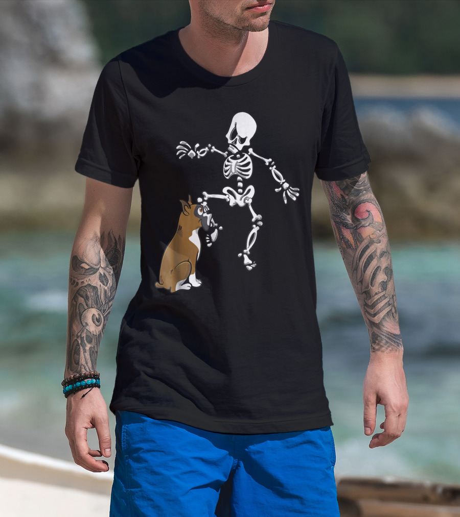 Boxer Dog Biting Skeleton Leg Halloween Dog Skeleton T-Shirt