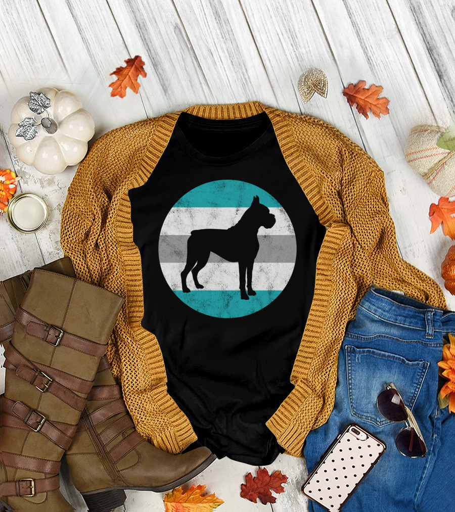 Boxer Dog Silhouette on Retro Striped Circle for Teens T-Shirt