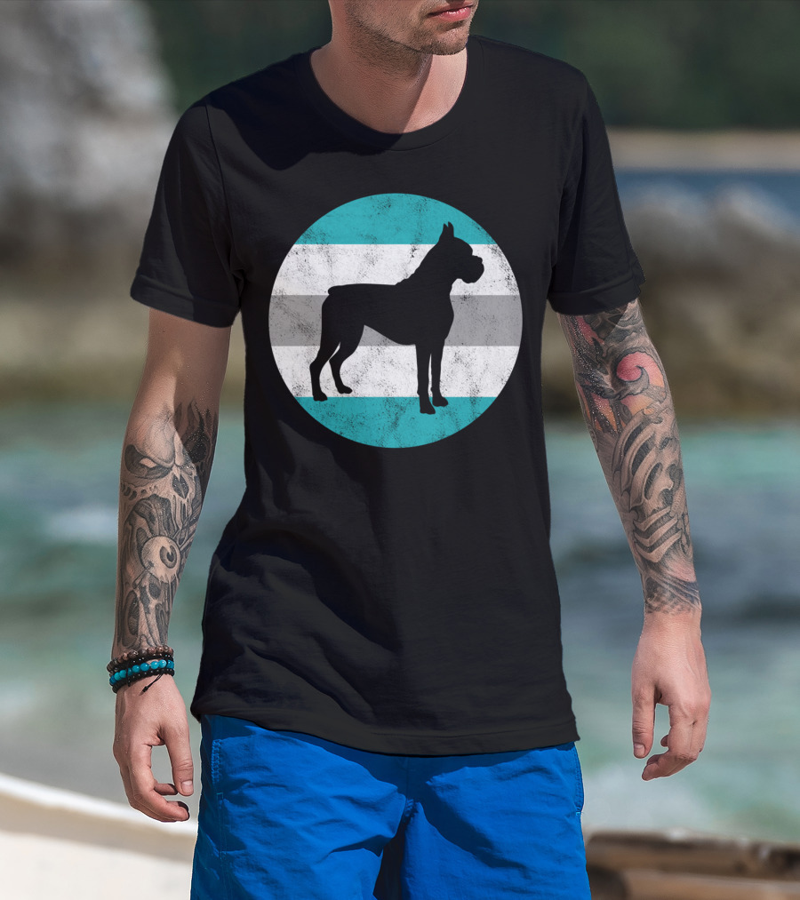 Boxer Dog Silhouette On Retro Striped Circle For Teens T-Shirt