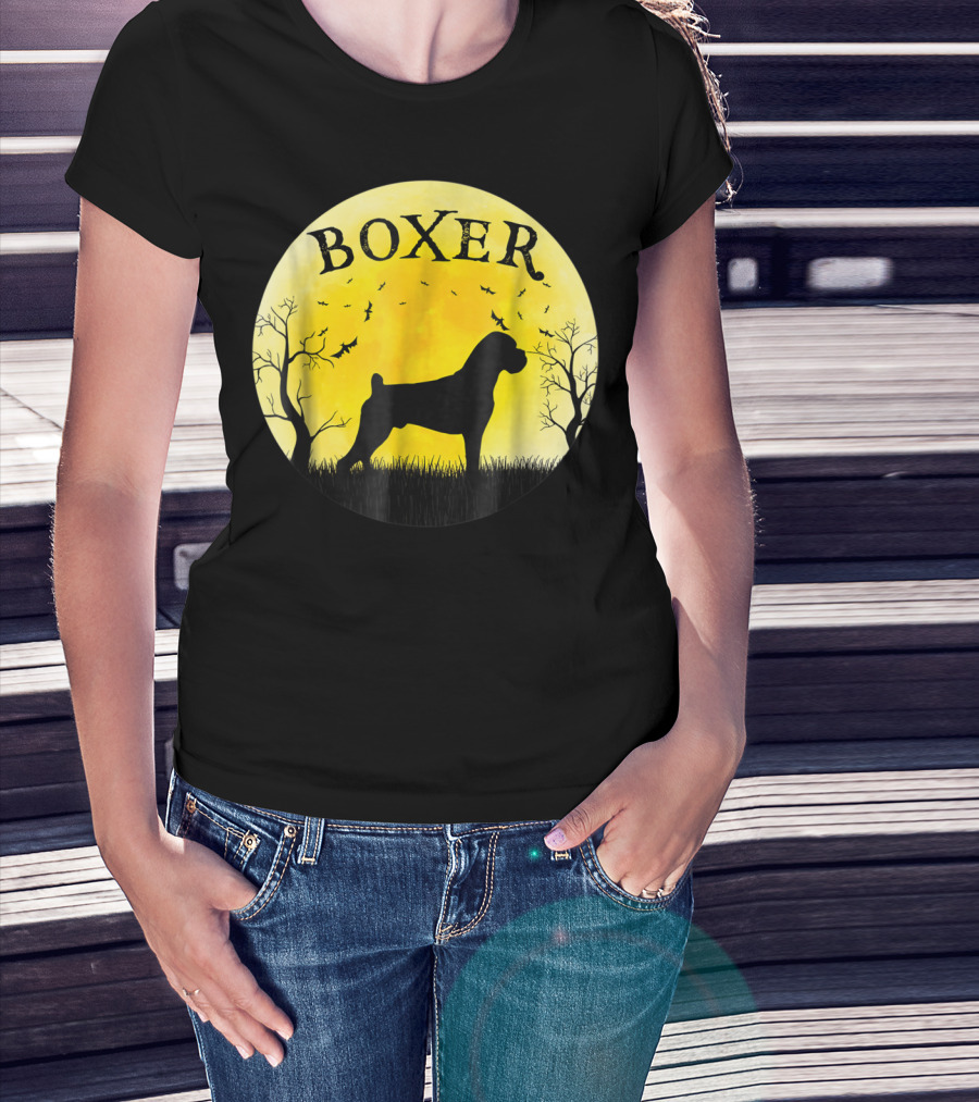 Boxer Dog Full Moon Halloween Bats Trees Vintage T-Shirt