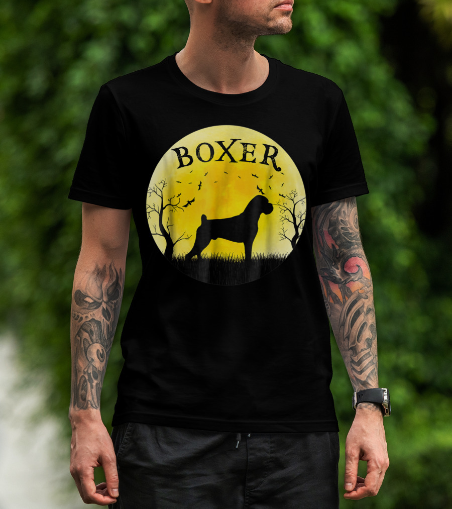 Boxer Dog Full Moon Halloween Bats Trees Vintage T-Shirt