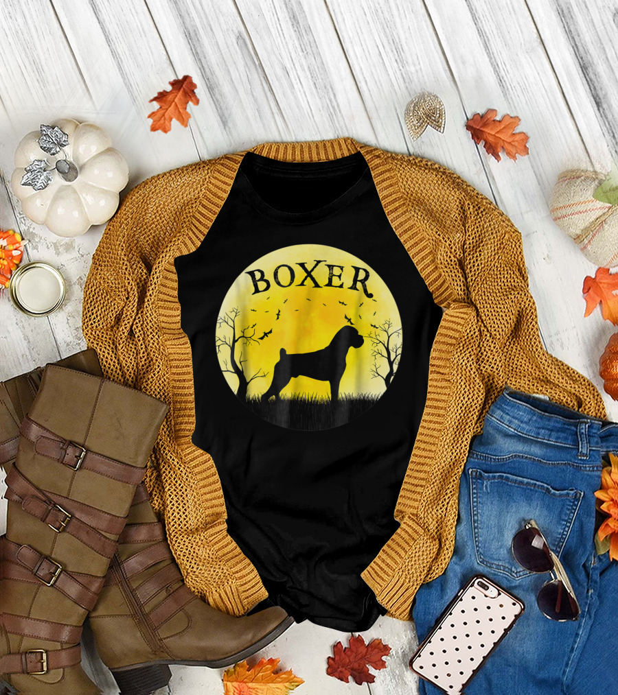 Boxer Dog Full Moon Halloween Bats Trees Vintage T-Shirt