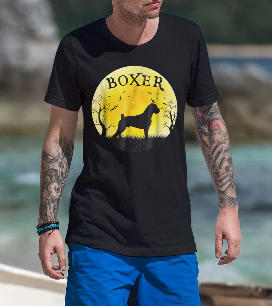 Boxer Dog Full Moon Halloween Bats Trees Vintage T-Shirt