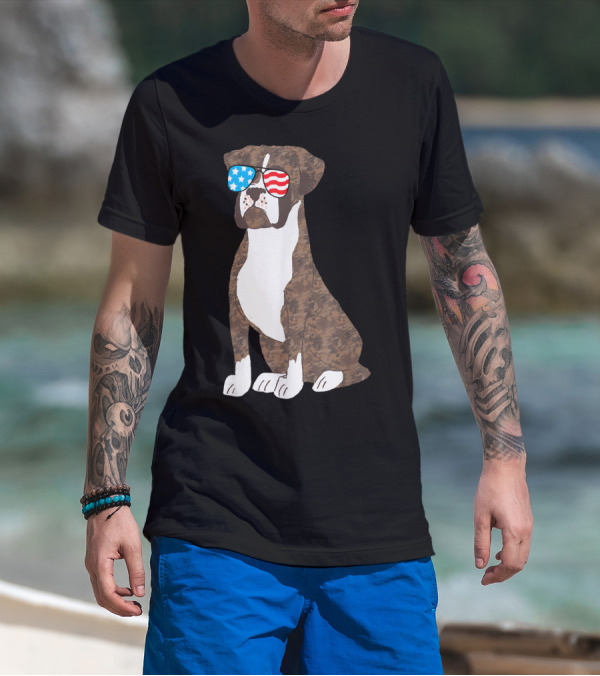 Patriotic Boxer Dog USA Flag Sunglasses Memorial Day T-Shirt