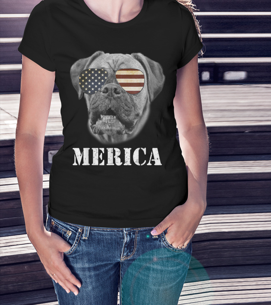 Merica Patriotic Boxer Dog With USA Flag Sunglasses T-Shirt