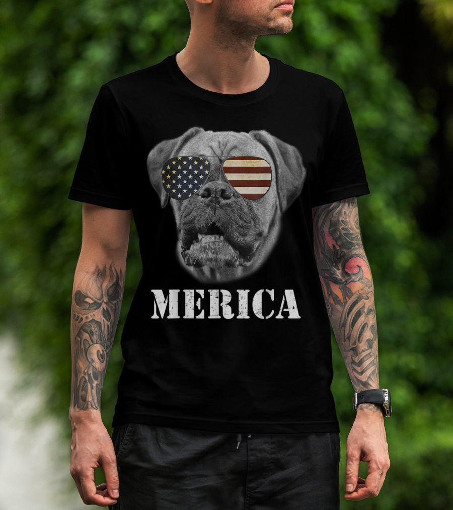 Merica Patriotic Boxer Dog With USA Flag Sunglasses T-Shirt