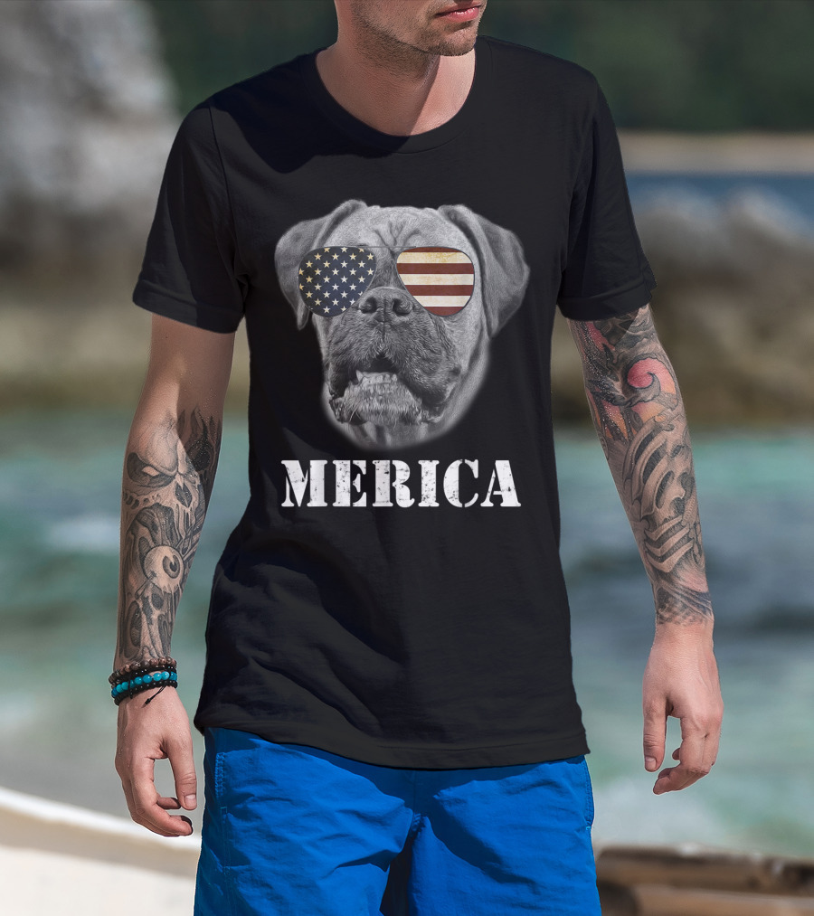 Merica Patriotic Boxer Dog With USA Flag Sunglasses T-Shirt