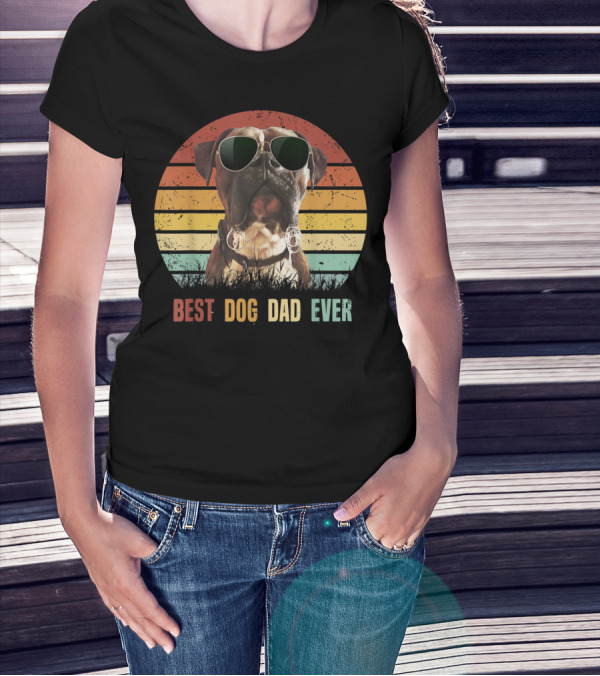 Mens Vintage Best Dog Dad Ever Boxer Dog Sunglasses Retro Sunburst T-Shirt