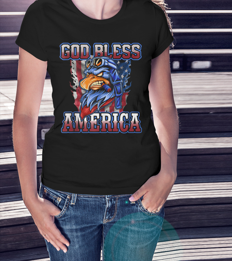 God Bless America Patriotic Eagle With American Flag Helmet And Goggles T-Shirt