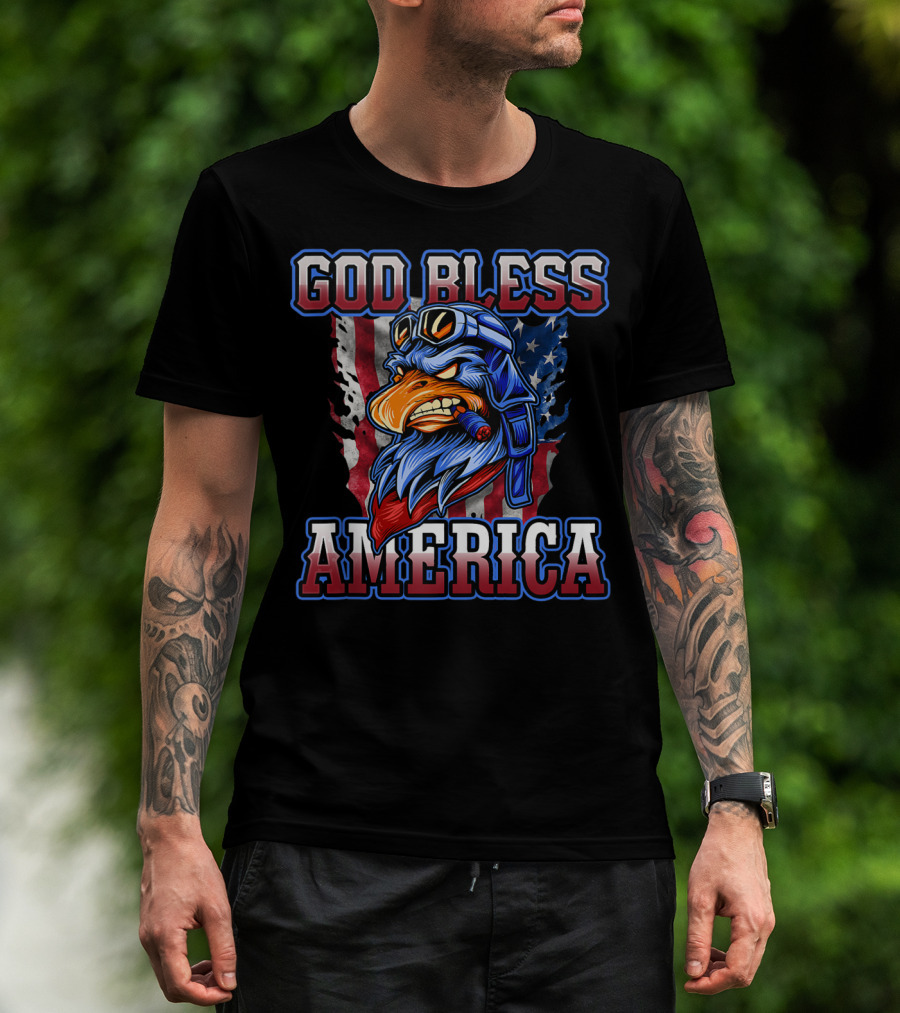 God Bless America Patriotic Eagle With American Flag Helmet And Goggles T-Shirt