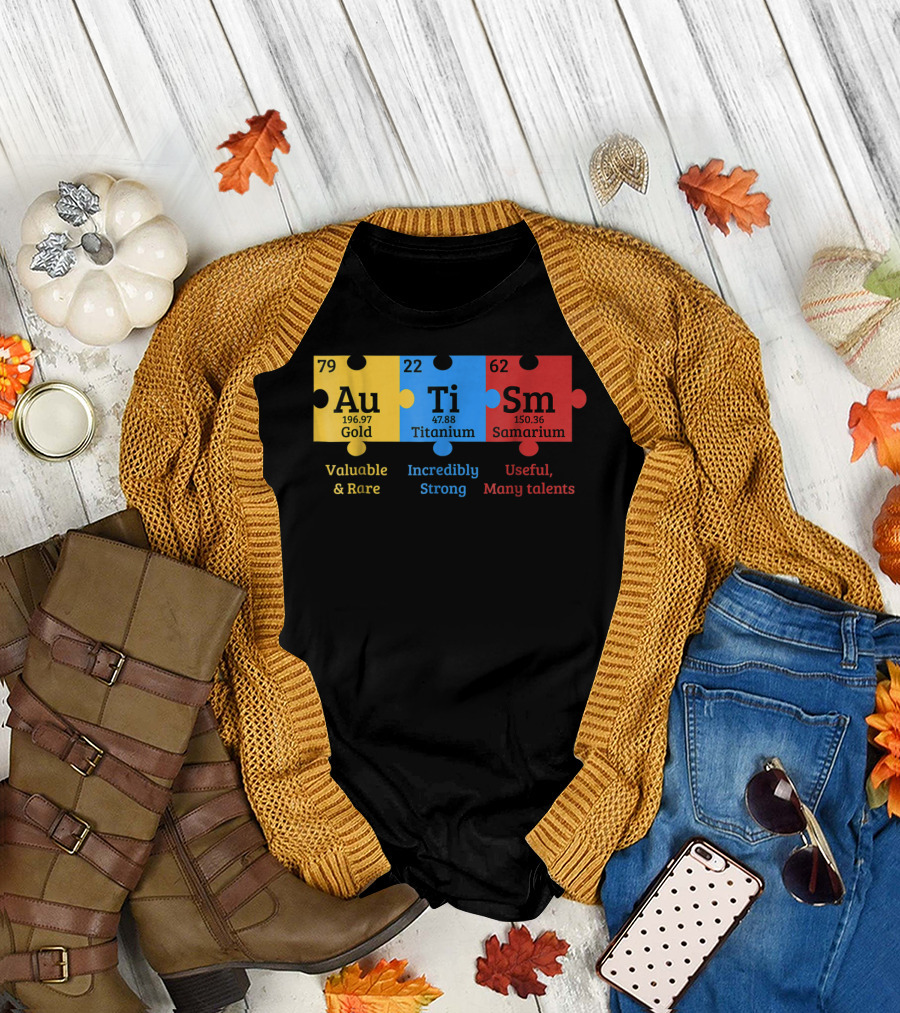 Autism Awareness Gold Titanium Samarium Elements Puzzle T-Shirt