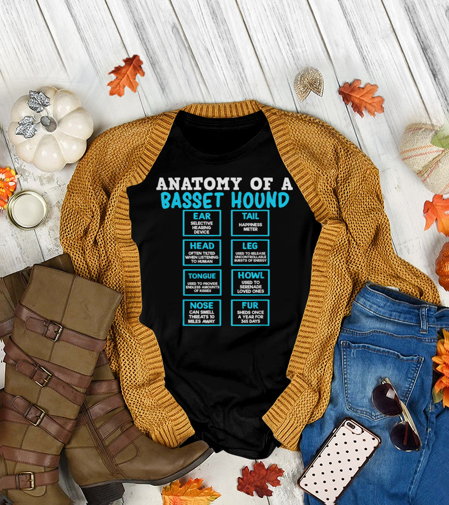 Anatomy of a Basset Hound Ear Tail Head Leg Tongue Howl Nose Fur T-Shirt