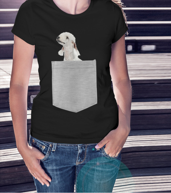 Bedlington Terrier Peeking From Gray Pocket T-Shirt