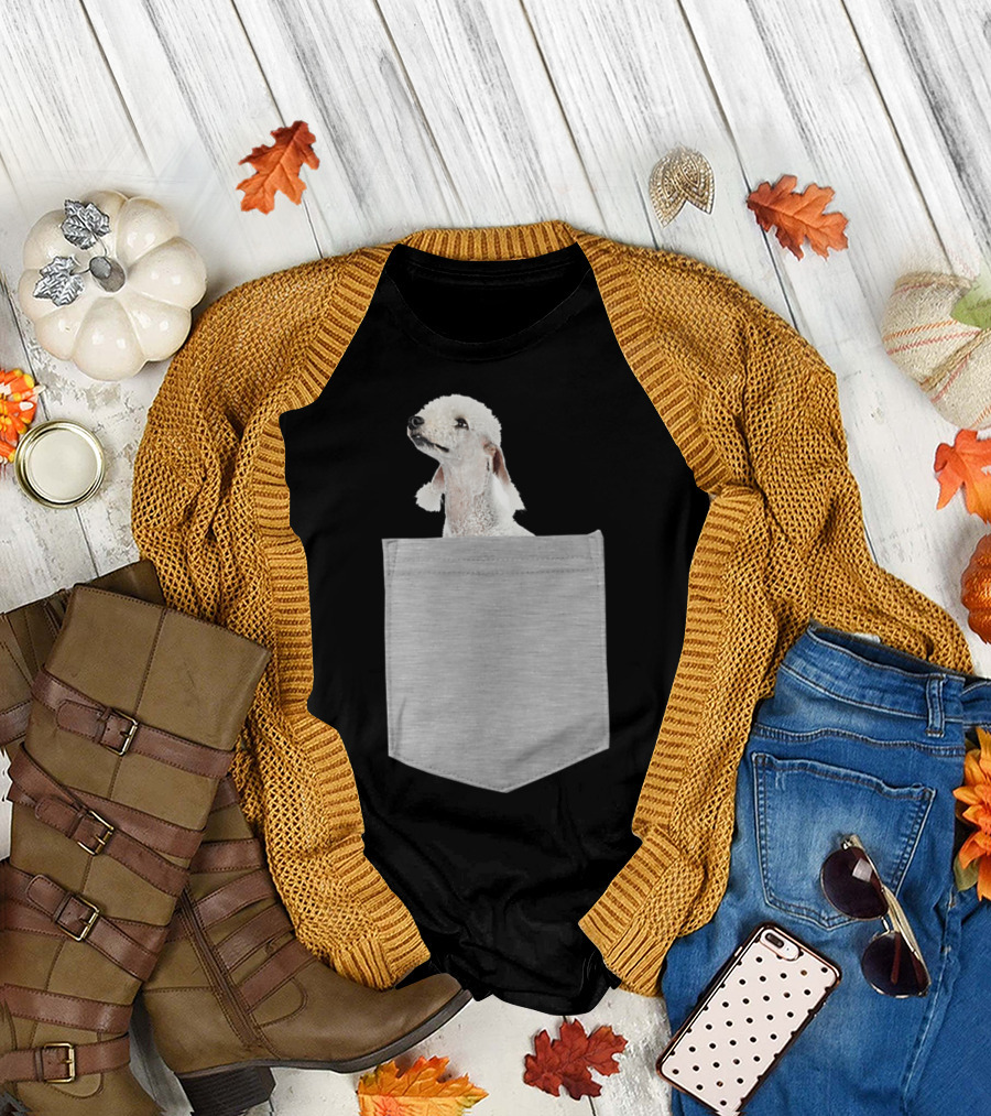 Bedlington Terrier Peeking from Gray Pocket T-Shirt