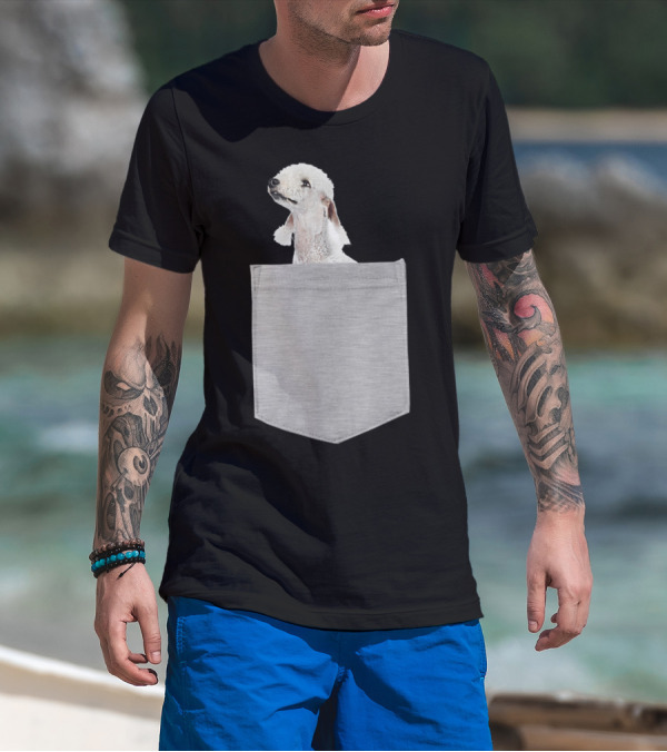 Bedlington Terrier Peeking From Gray Pocket T-Shirt