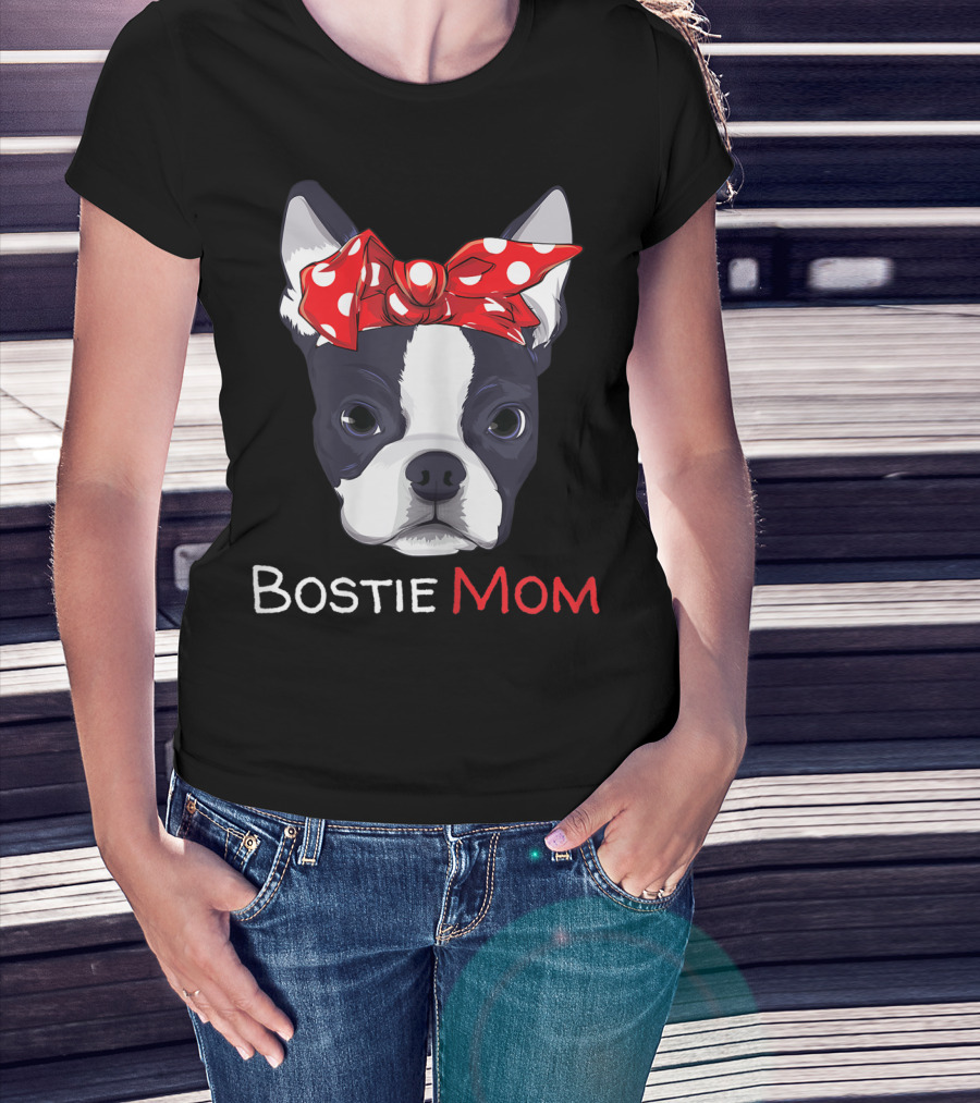 Bostie Mom Boston Terrier With Red Polka Dot Bow T-Shirt