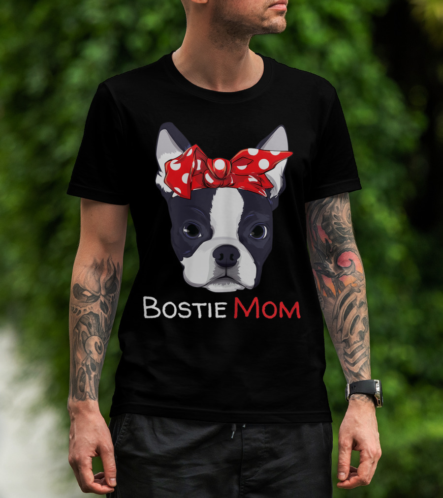 Bostie Mom Boston Terrier With Red Polka Dot Bow T-Shirt