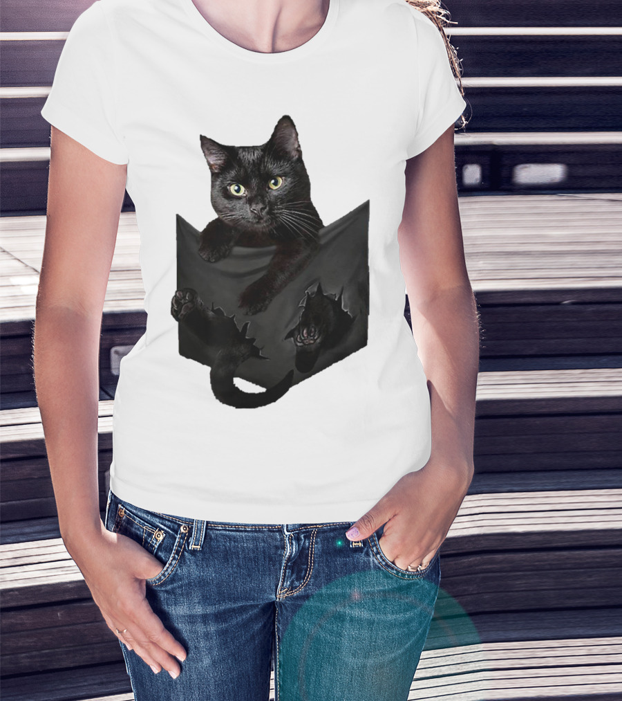 Cat In Pocket Black Cat Inside Pocket Bac Playful T-Shirt