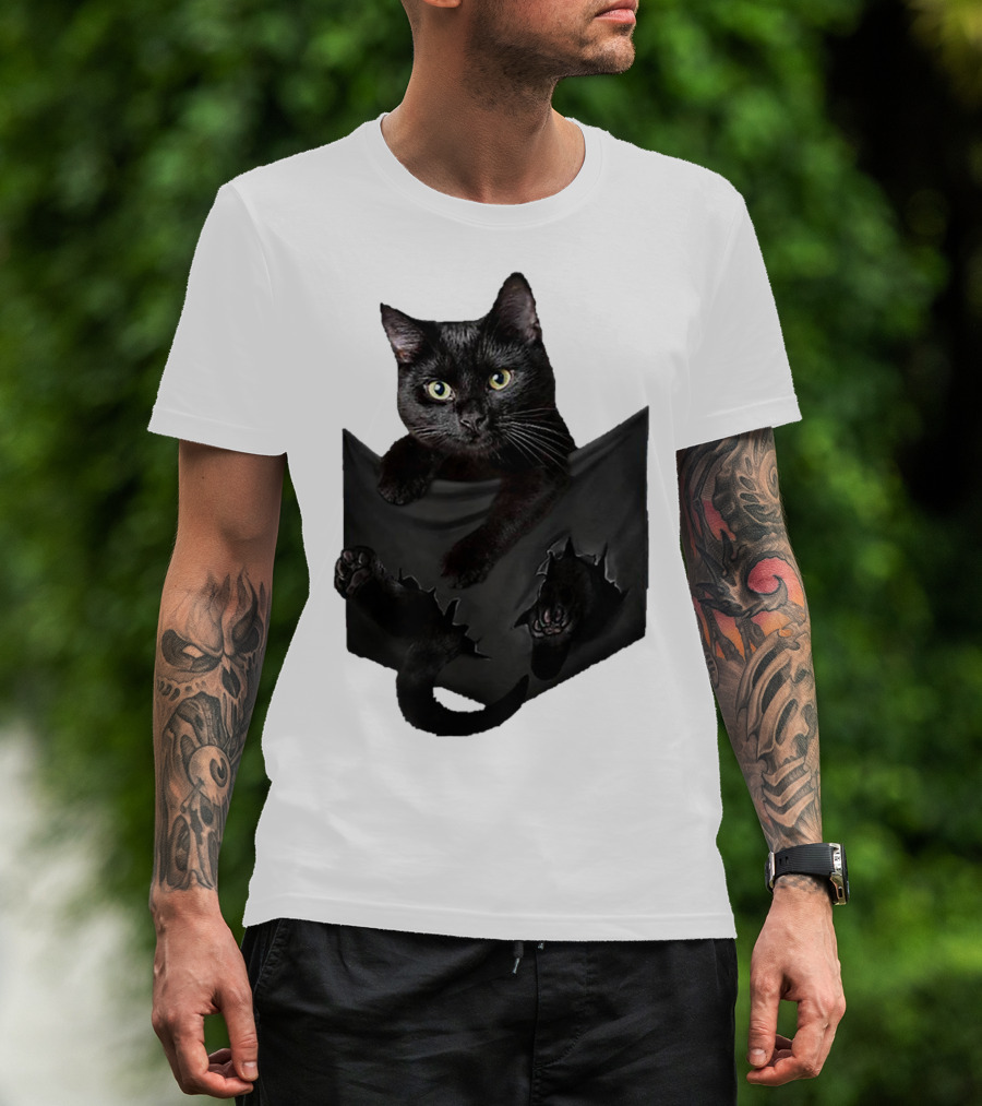 Cat In Pocket Black Cat Inside Pocket Bac Playful T-Shirt