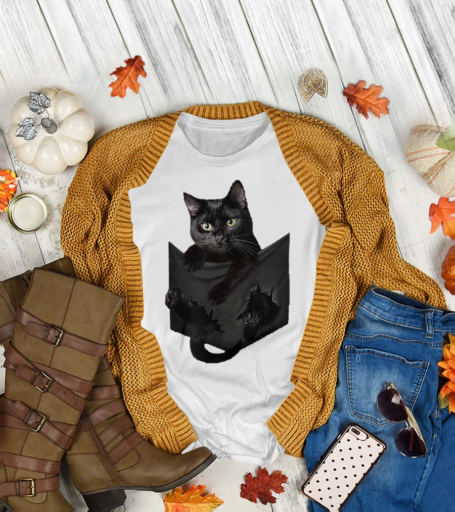 Cat in Pocket Black Cat Inside Pocket Bac Playful T-Shirt